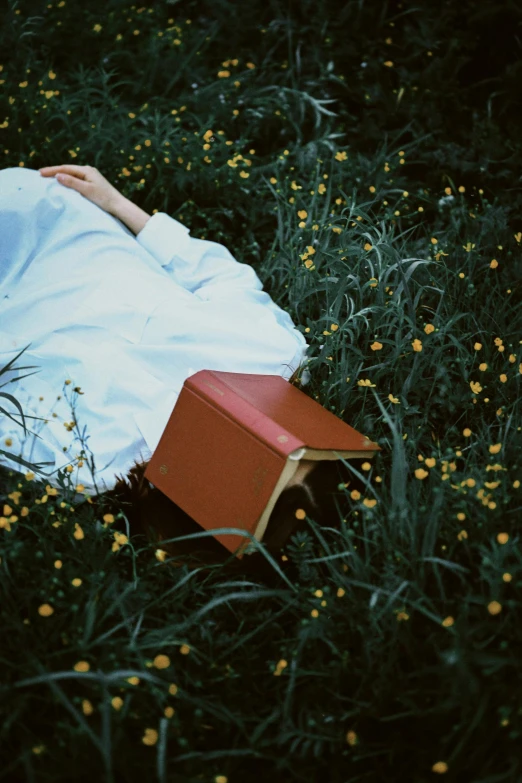 a girl wearing white clothes lays down in a field with yellow flowers