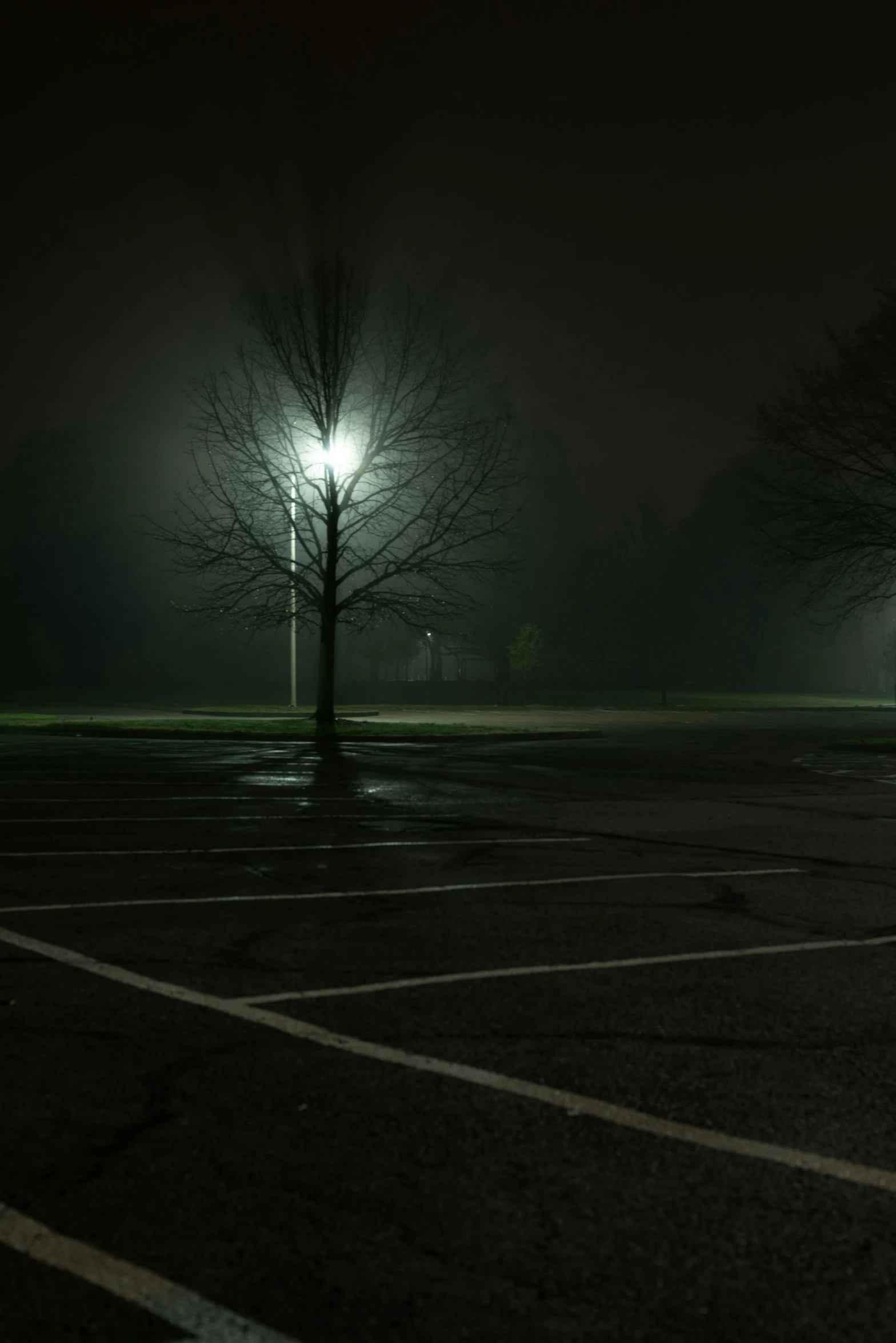 empty parking lot area with lights on on a dark and foggy night