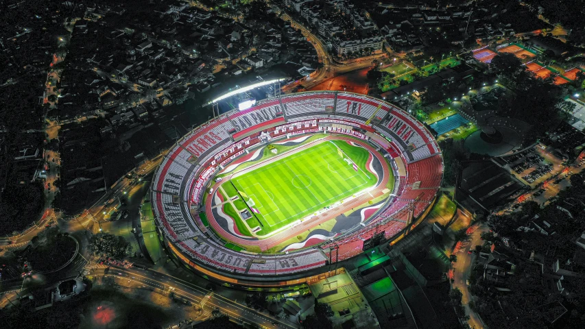 an aerial view of a football stadium, with one lane