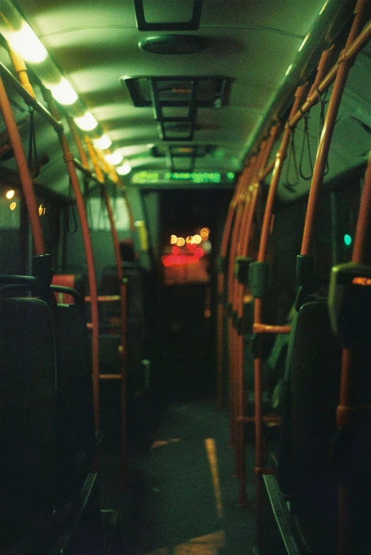 a bus interior with no lights and no people