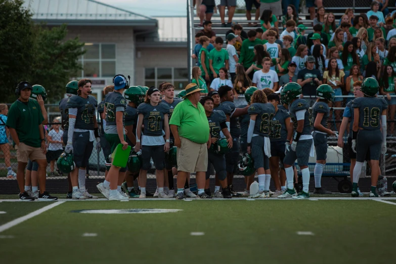 a football team is standing at the sideline while a man talks to an official