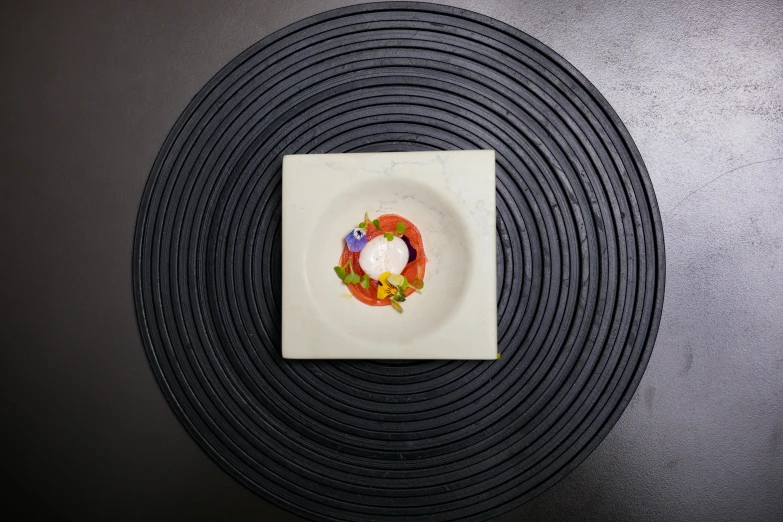 a plate is next to a black mat