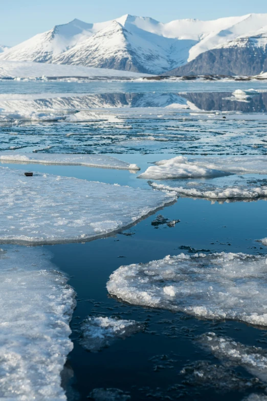 ice floating on water in the middle of mountains