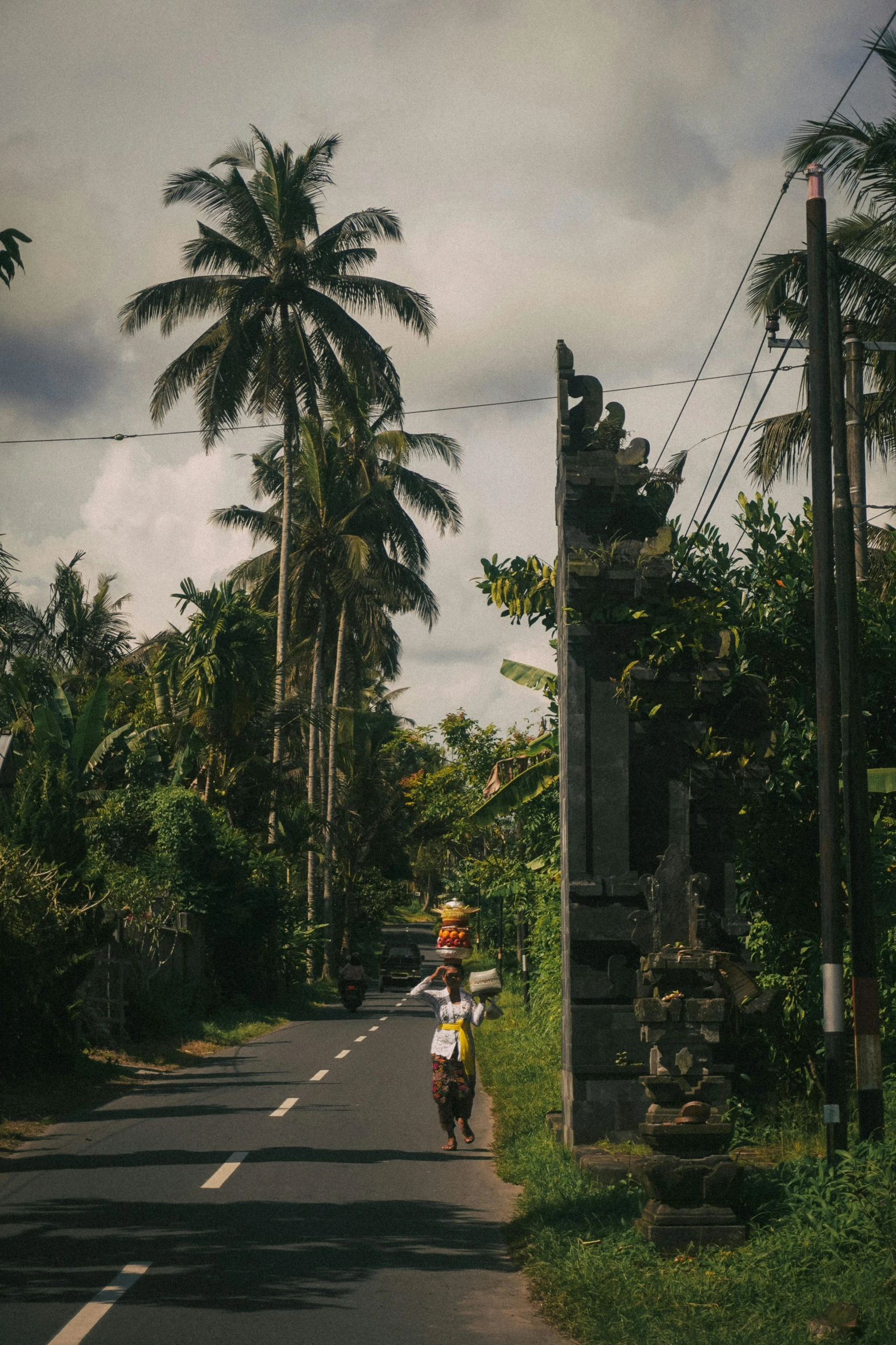 two people riding down a rural road near a wooded area