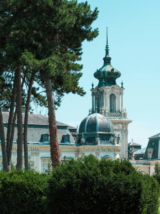 an old building with a dome and steeple next to a grove