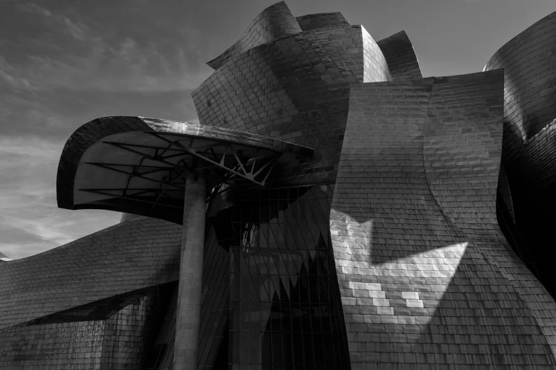 a black and white po of a building in a city