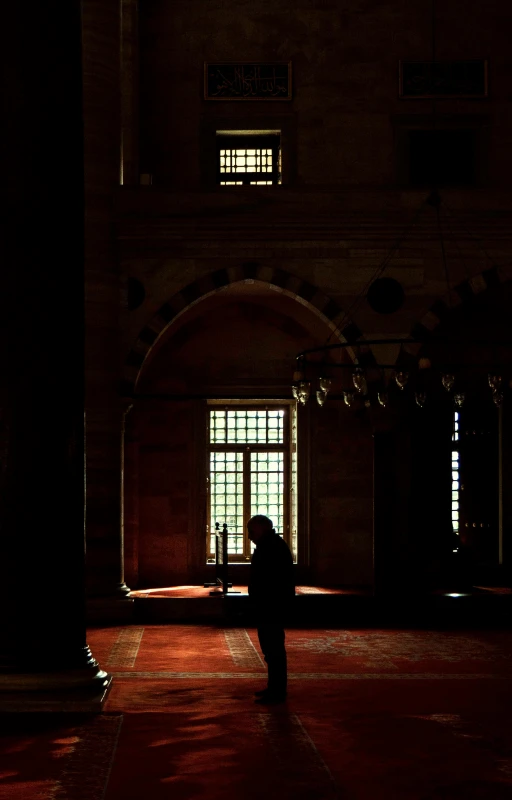 silhouette of a person looking out the windows of an old building