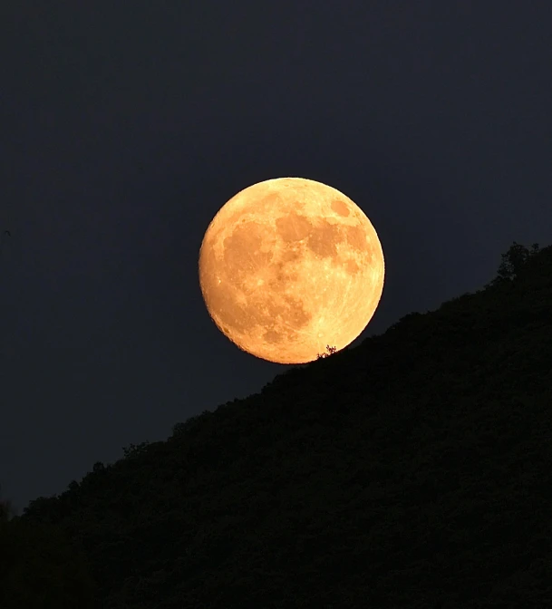 a very large yellow moon lit up by the sky