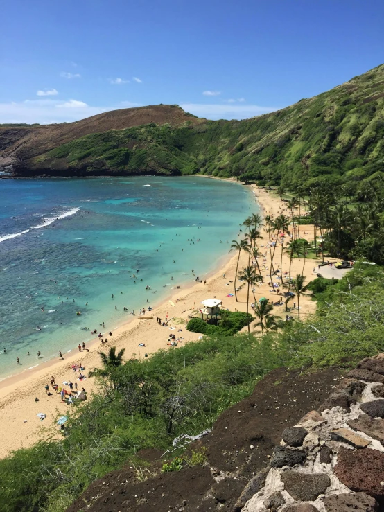 a beach on a sunny day with people on it