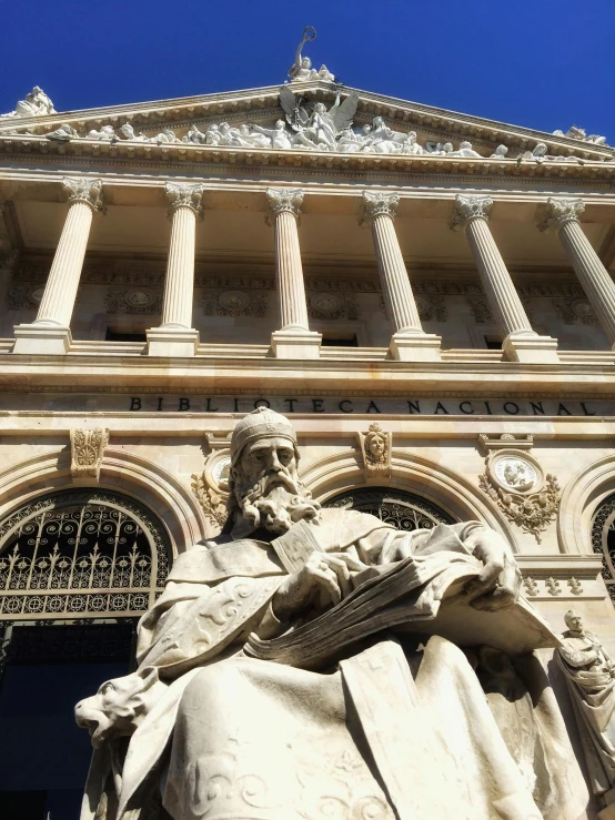 an architectural image of a statue in front of a building