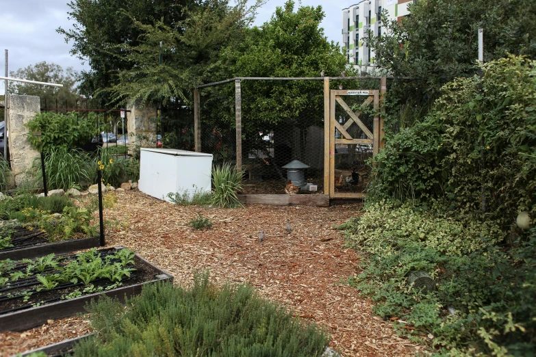 a garden with an outdoor kitchen on it