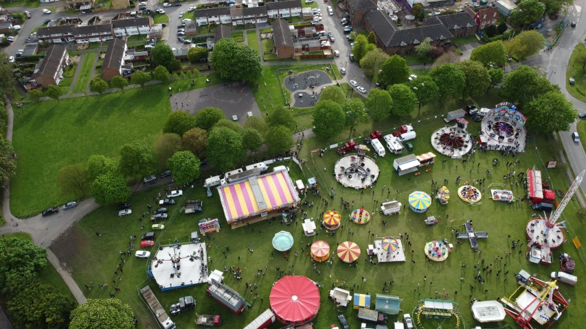 aerial view of fair grounds and food tents