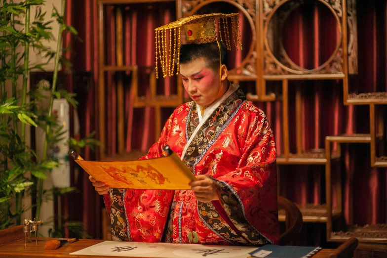 a man with a chinese outfit looks at an album