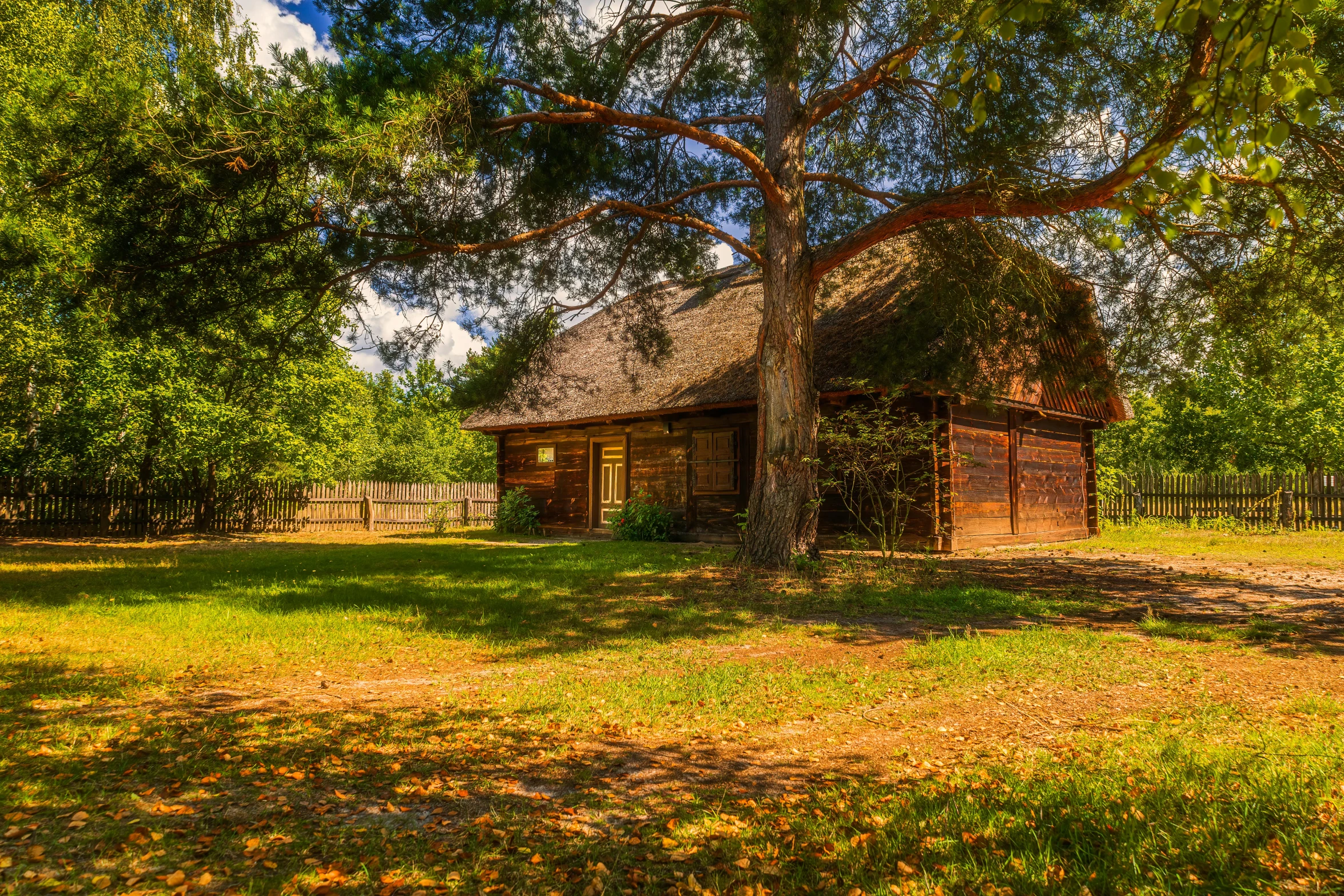 this is a small house on grass with trees in front