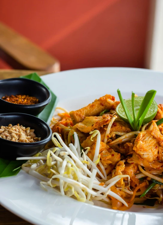 a plate of asian cuisine with rice noodles, meat and sauces