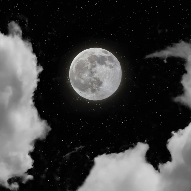 a full moon is surrounded by white clouds