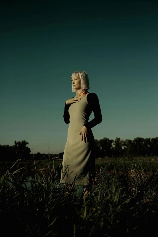 a woman wearing a long dress in the grass