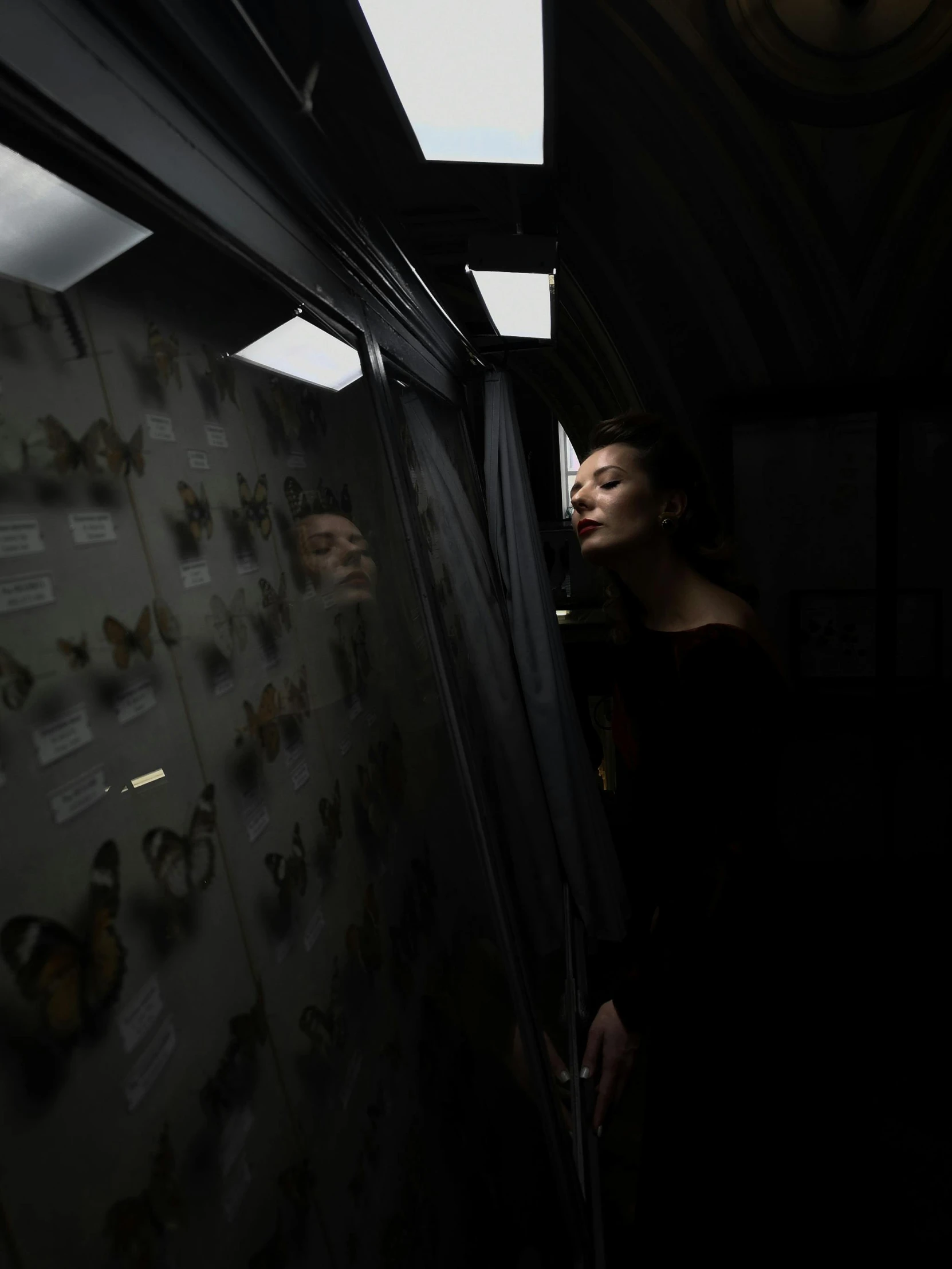 a woman standing behind an art installation with erfly pieces on it