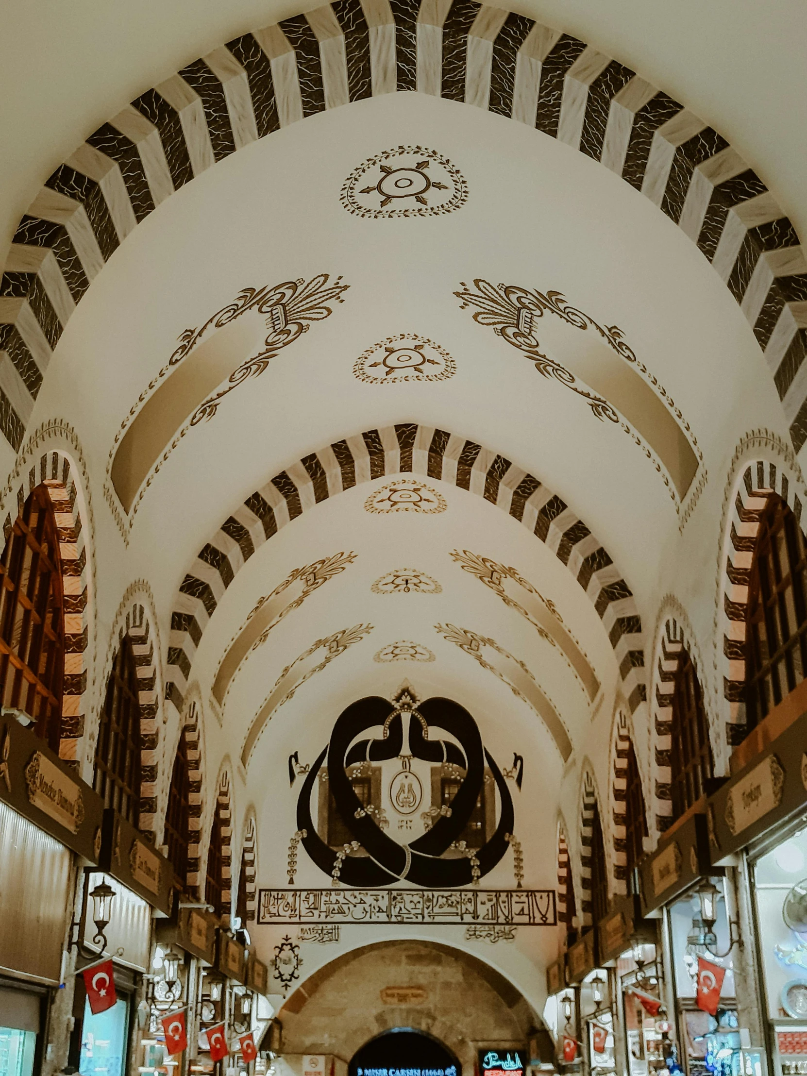 a po of a decorated ceiling and signs