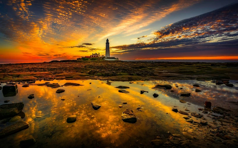 the sunset is reflected in the still water