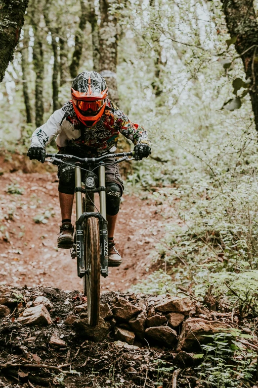 a man riding a mountain bike on top of a forest