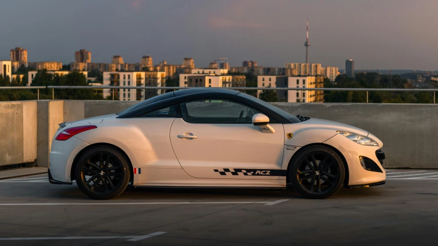 a white sports car sits in an empty parking lot