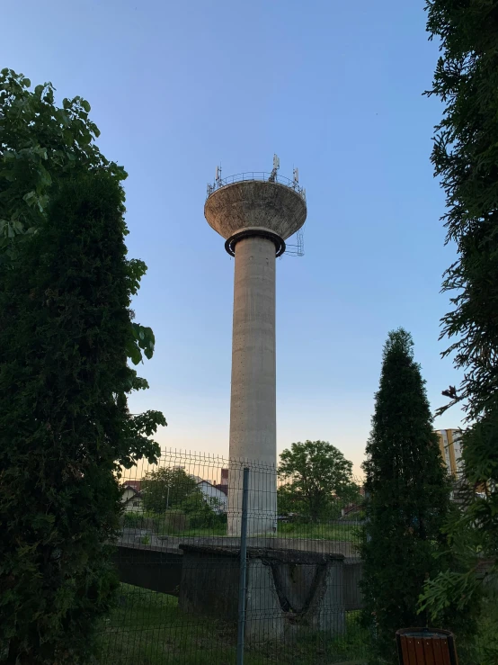 a tower surrounded by bushes with a bench