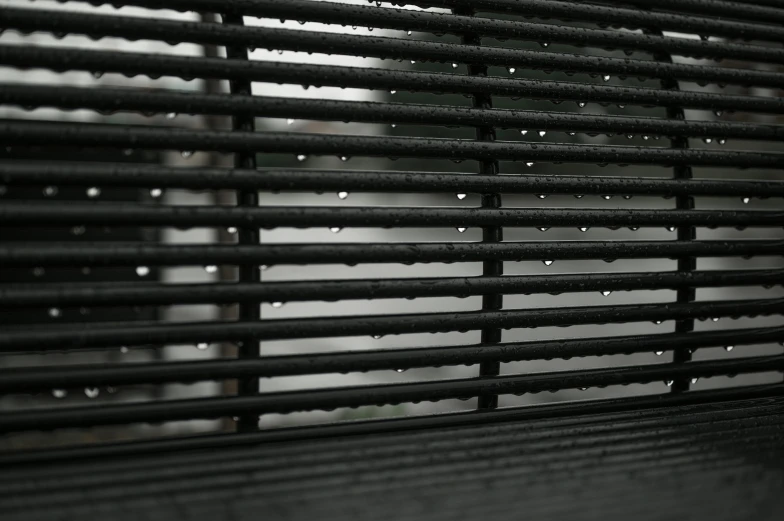 the slats of a park bench in the rain