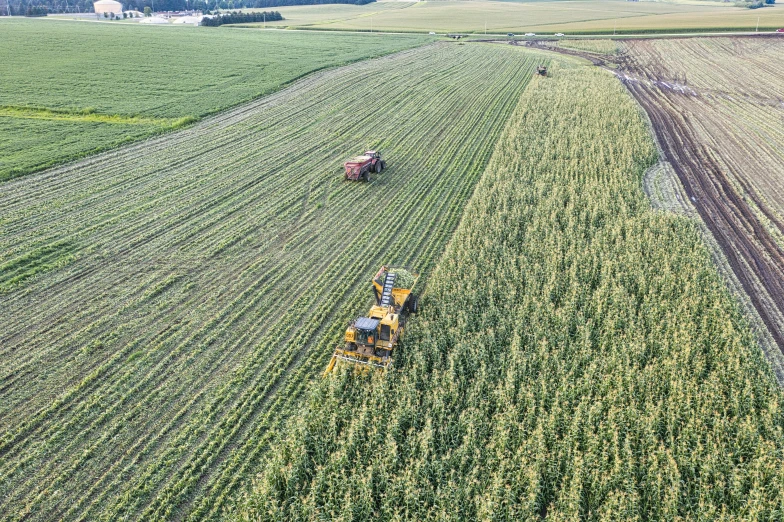 tractor driving through an open green field with hay