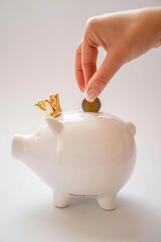 a piggy bank that has gold crown and is being picked up by someone