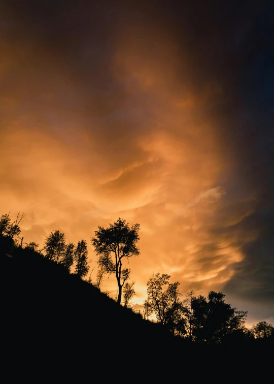 a sunset with trees and clouds as the sun sets