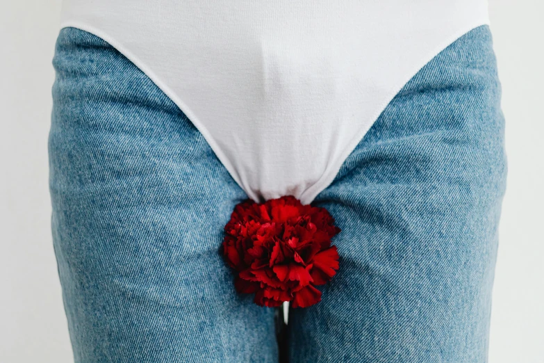 a person is wearing some red flower brooch