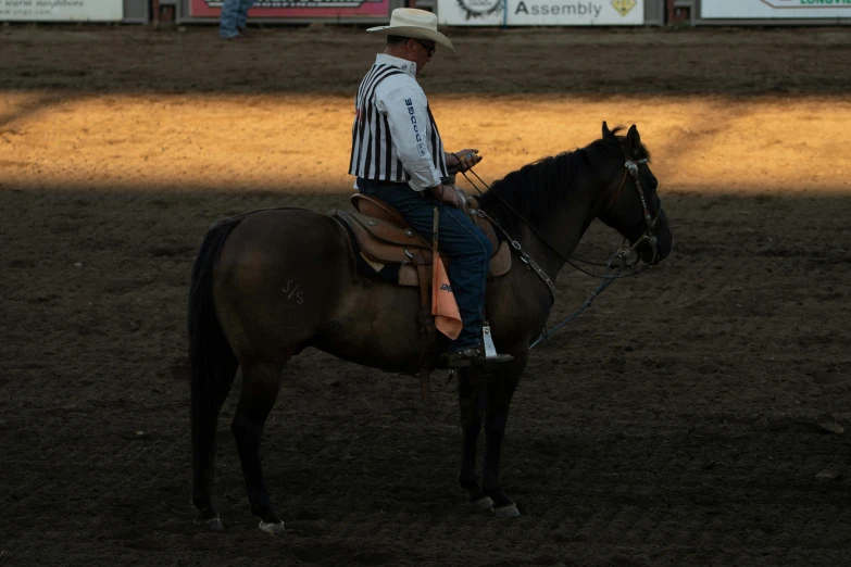 a man in black pants and a white shirt on a horse