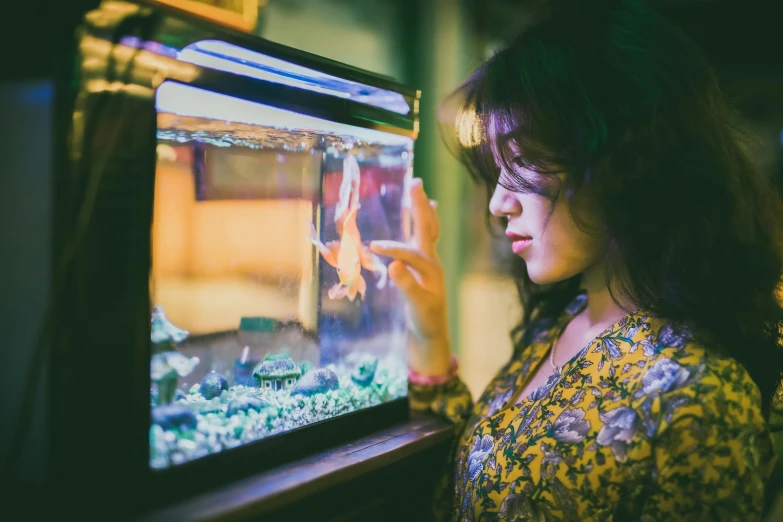 woman standing by a fish tank watching soing in it