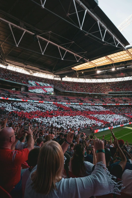 a stadium with many people holding up their hands