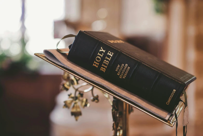 a book on a golden stand and a vase in the background