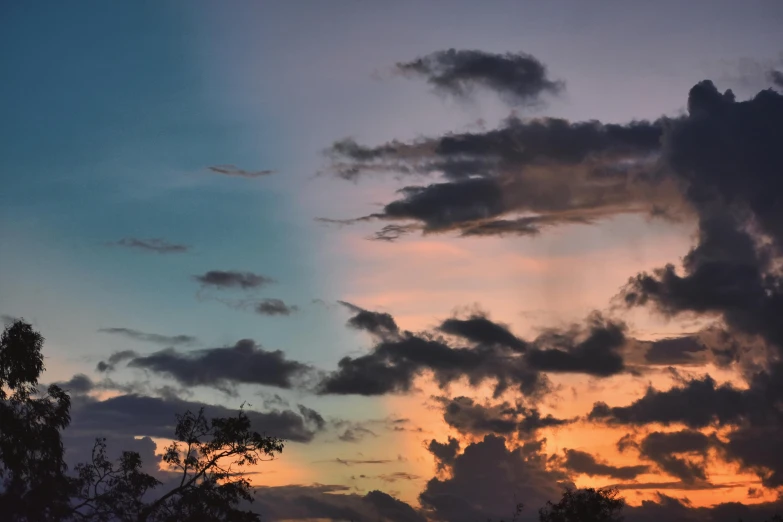 a group of trees and some clouds at sunset