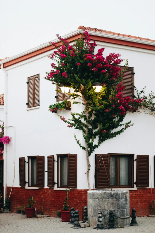 a small white house with shutters open