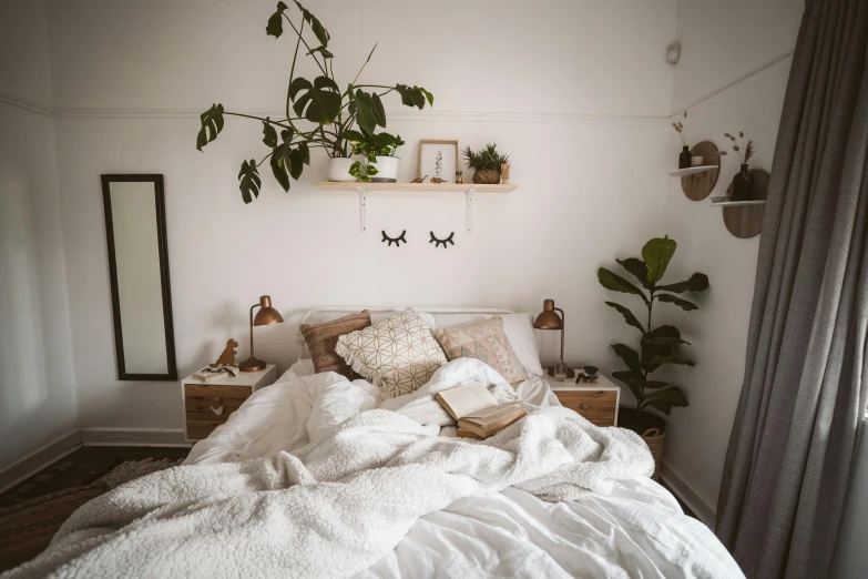 a bedroom scene with focus on the bed and pillows