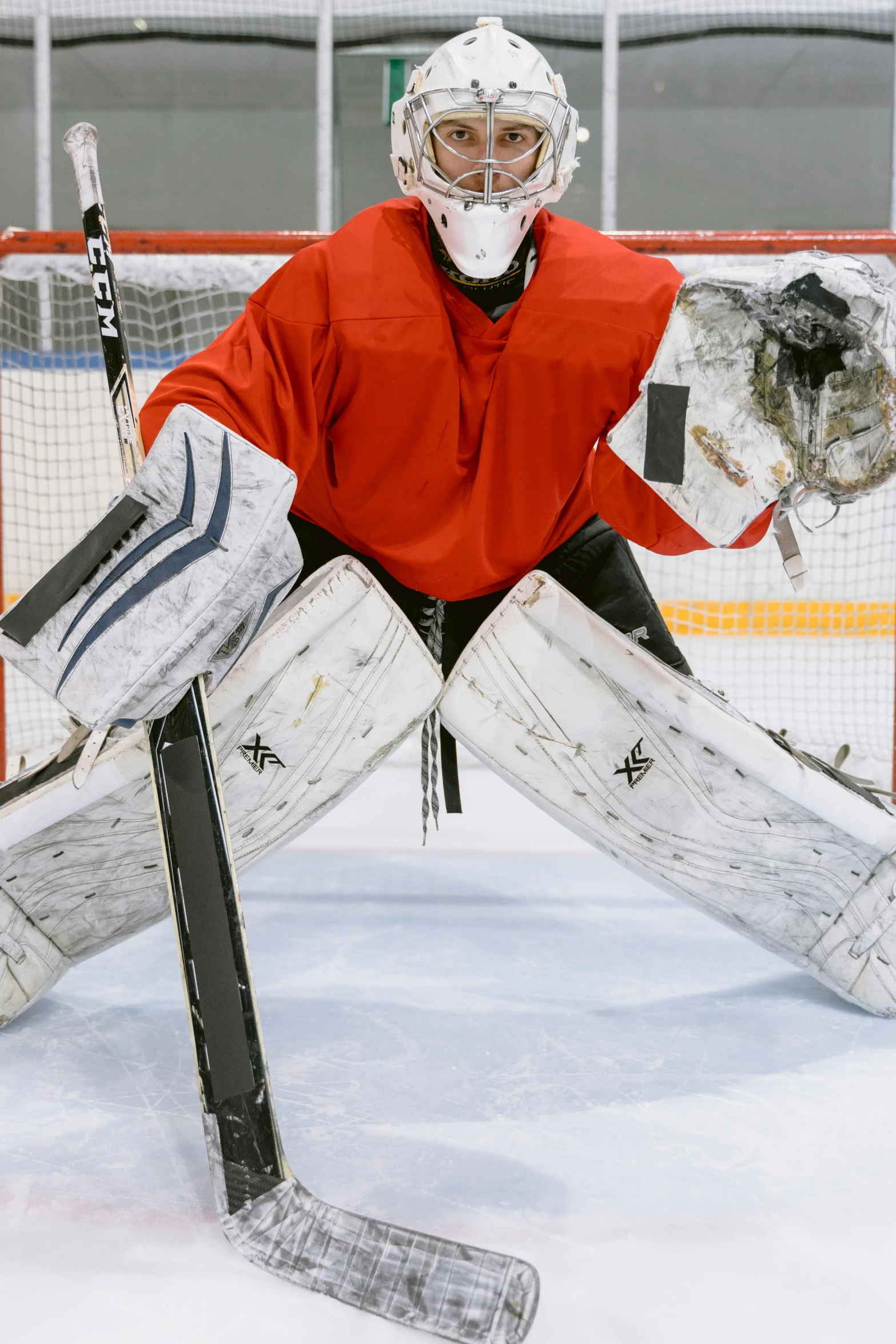 a hockey goalie is posing on an ice rink