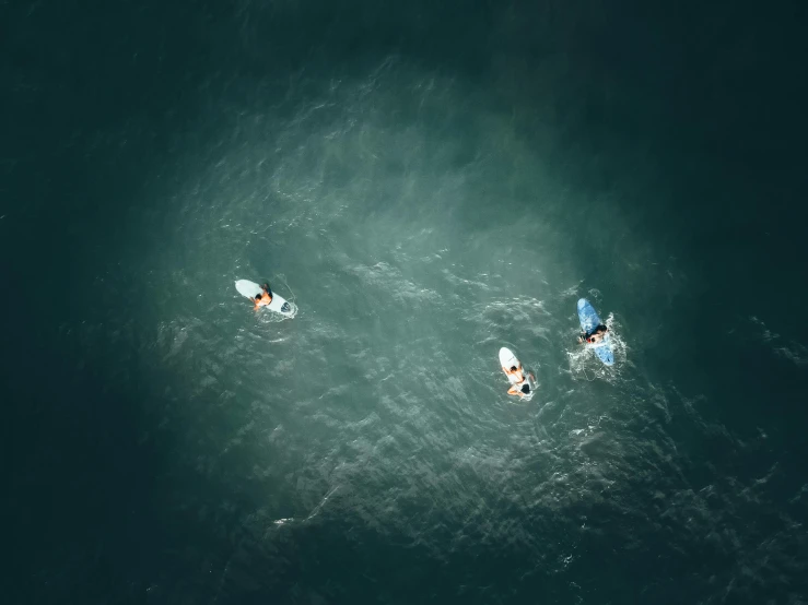 three people swimming in the ocean with surfboards