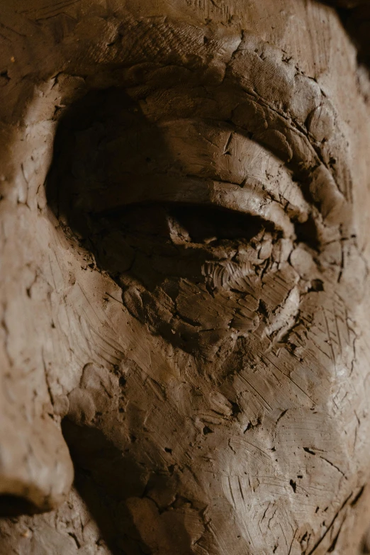 a close - up of a human face made from clay