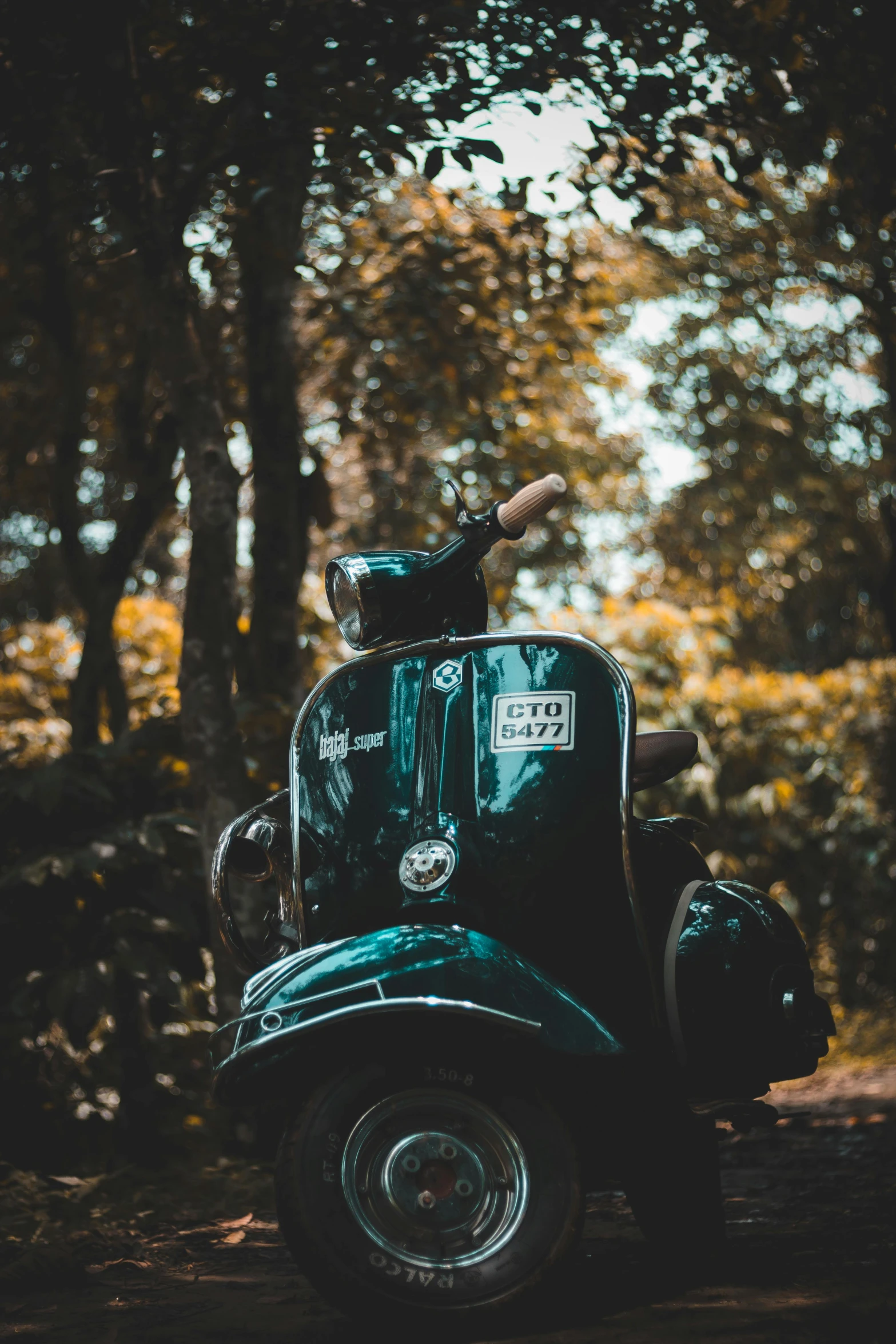 an old time motorbike is parked in the woods