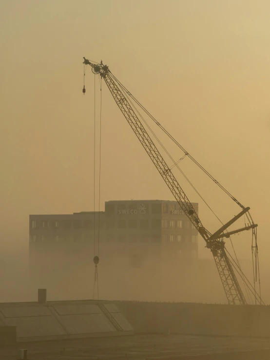 a crane stands in front of a tall building