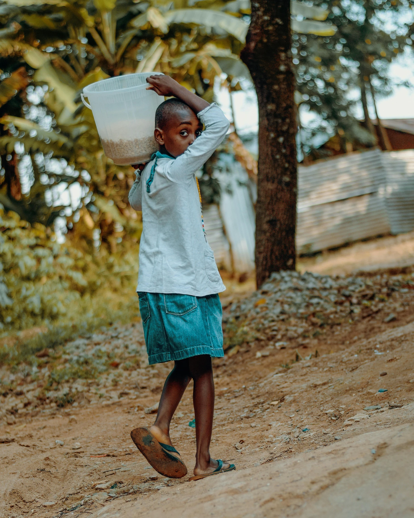 a little boy carries soing over his head