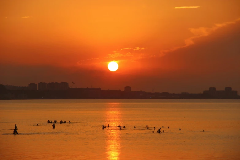 a group of people in the water watching a sun rise