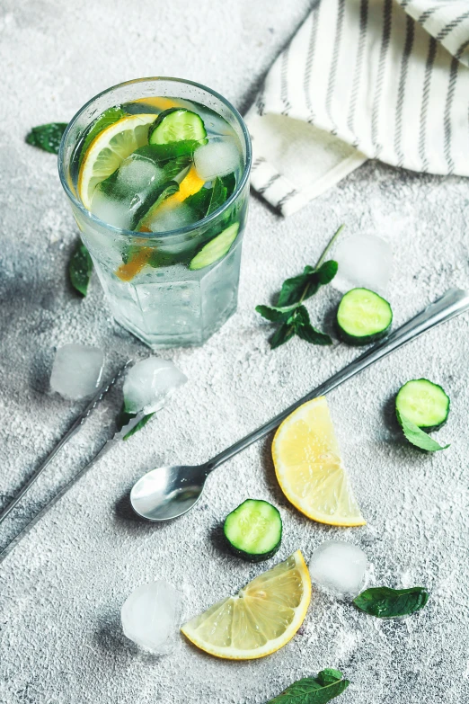 glasses with lemon and cucumber in ice on gray table