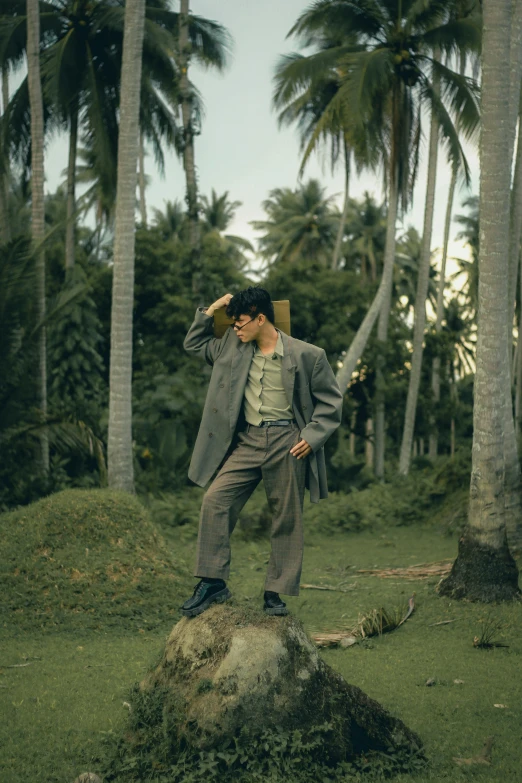 a man in gray suit standing on the top of a palm tree