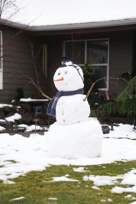 snow man sitting outside a house with his hat on