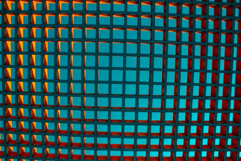 blue background with an orange line design of squares